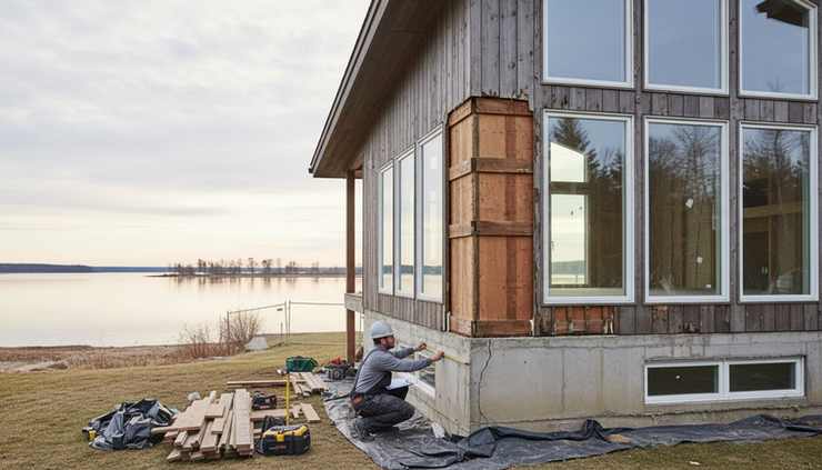 Eye-level view of a semi modern waterfront home under structural assessment.