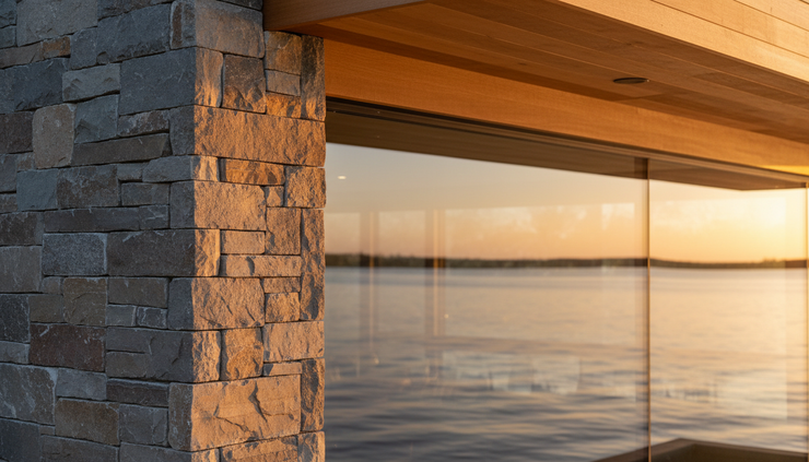 Close-up view of stone, glass, and wood details on a luxury waterfront home