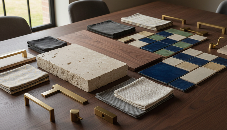 Close-up view of natural stone, wood samples, tile, and metal finishes arranged on a design table