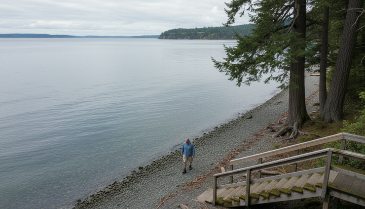 Overhead view of a homeowner walking a narrow gravel beach near a small shoreline stairway.