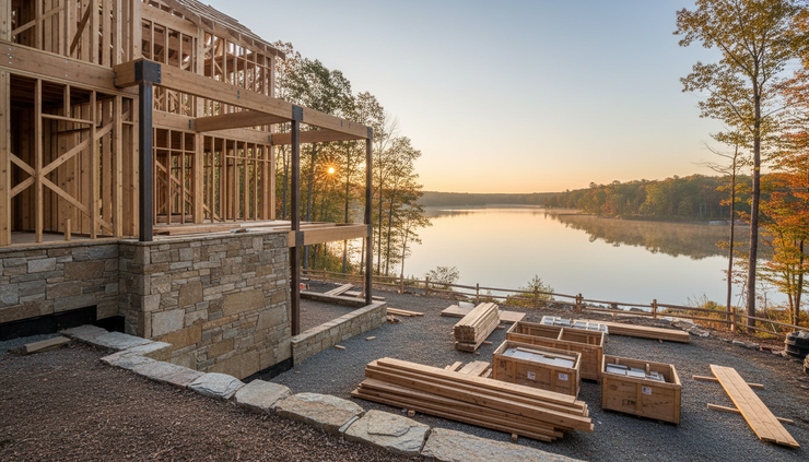 Wide-angle view of a luxury waterfront home site at sunrise