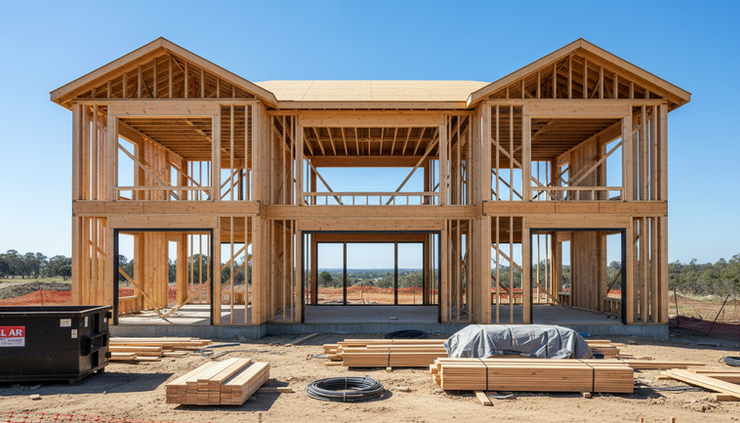 Eye-level view of a luxury custom home under construction with wood framing and large window openings