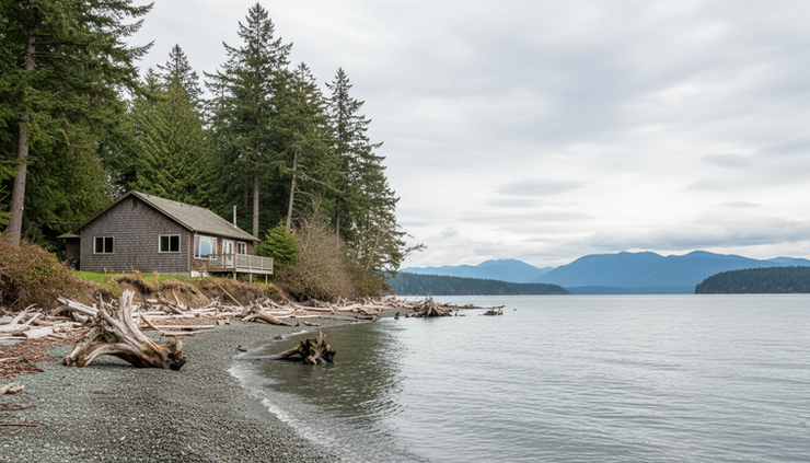 Wide-angle view of a South Puget Sound shoreline home above a beach and evergreen trees.
