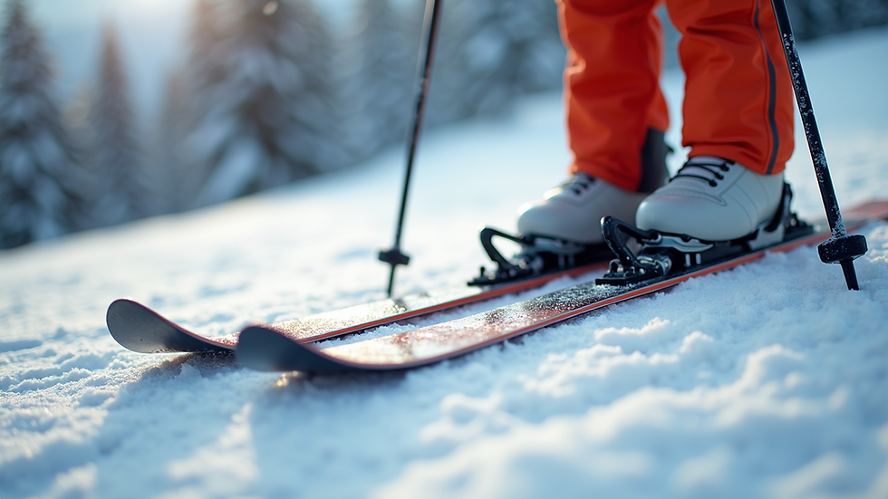 Close-up view of ski boots and skis resting on snow