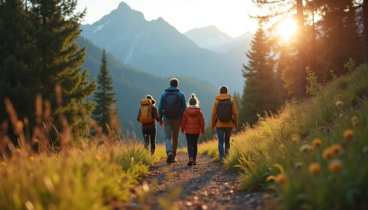 Close-up view of a family hiking on a forest trail with mountains in the background