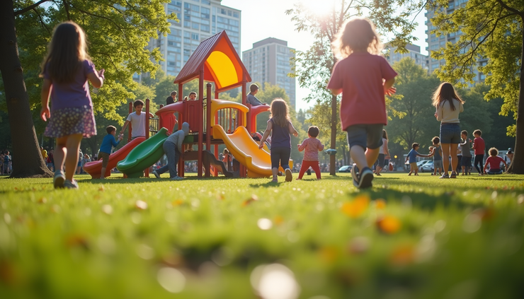 Eye-level view of colorful playground in a European city park