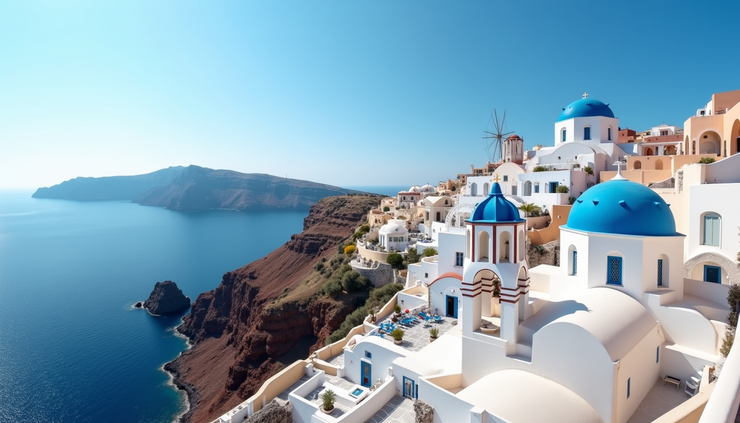 High angle view of white buildings with blue domes overlooking the sea in Santorini