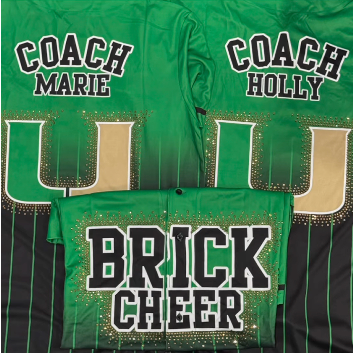 Green, black, and yellow jerseys with gold rhinestones