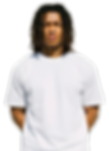 A man with dreadlocks is wearing a white t-shirt, standing against a neutral background.