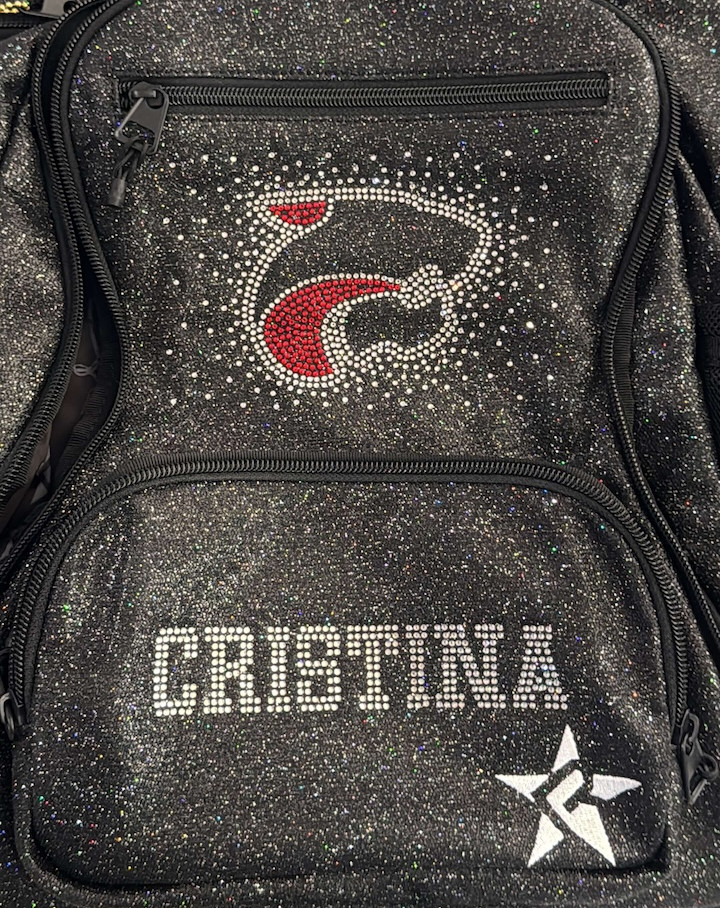 a black sparkle backpack with silver rhinestones covering it