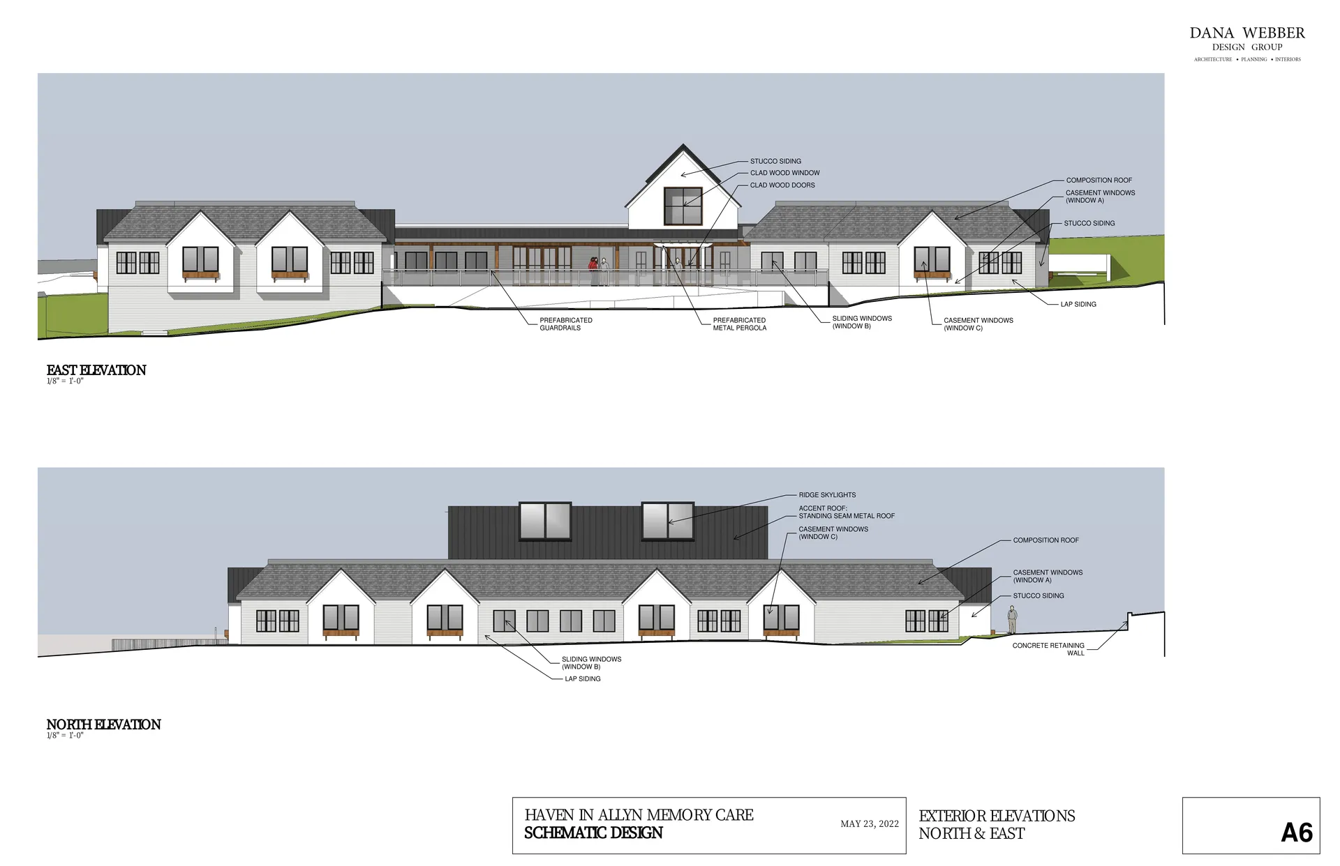 A blueprint showing the North and East elevations of the new facility