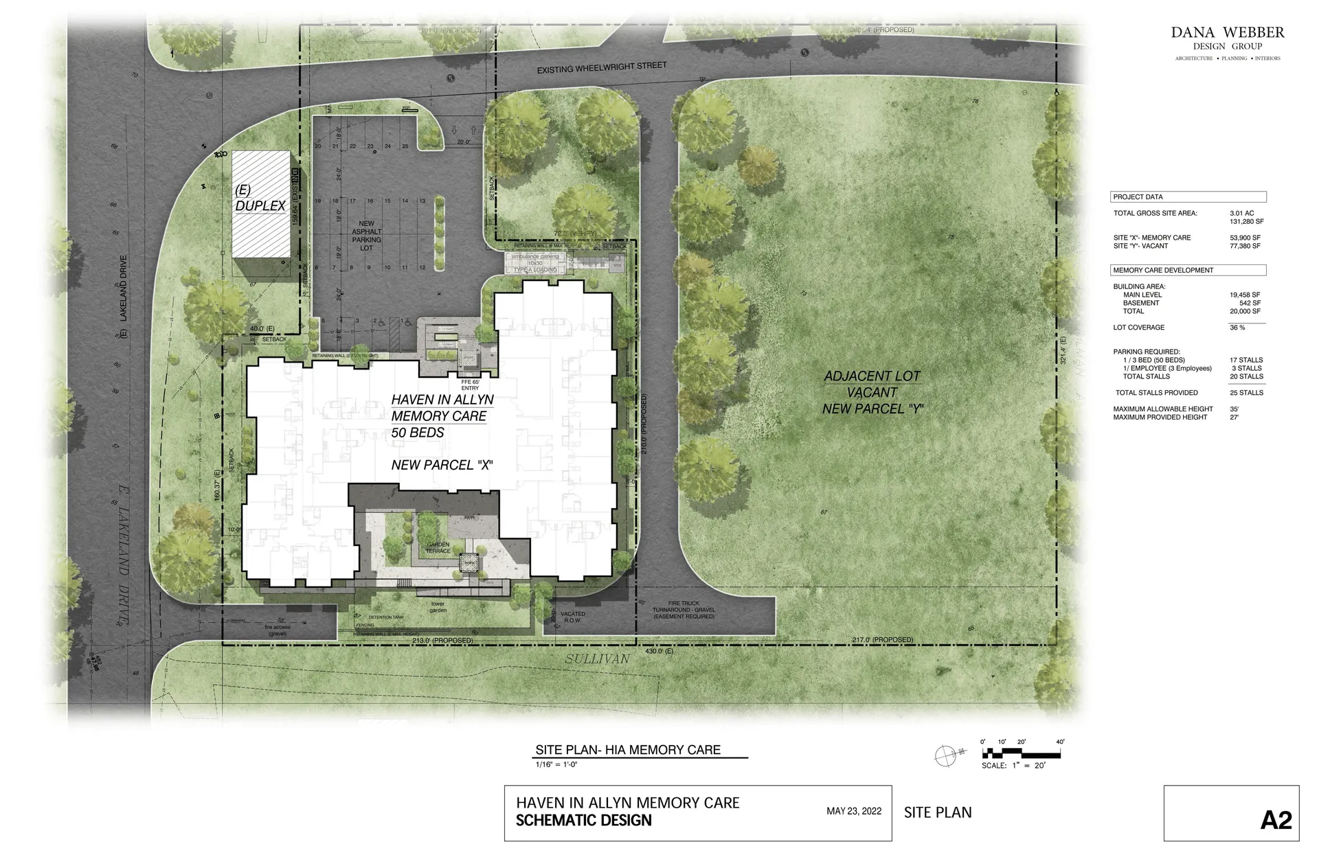 A blueprint showing the overhead view of the new facility's property borders and layout