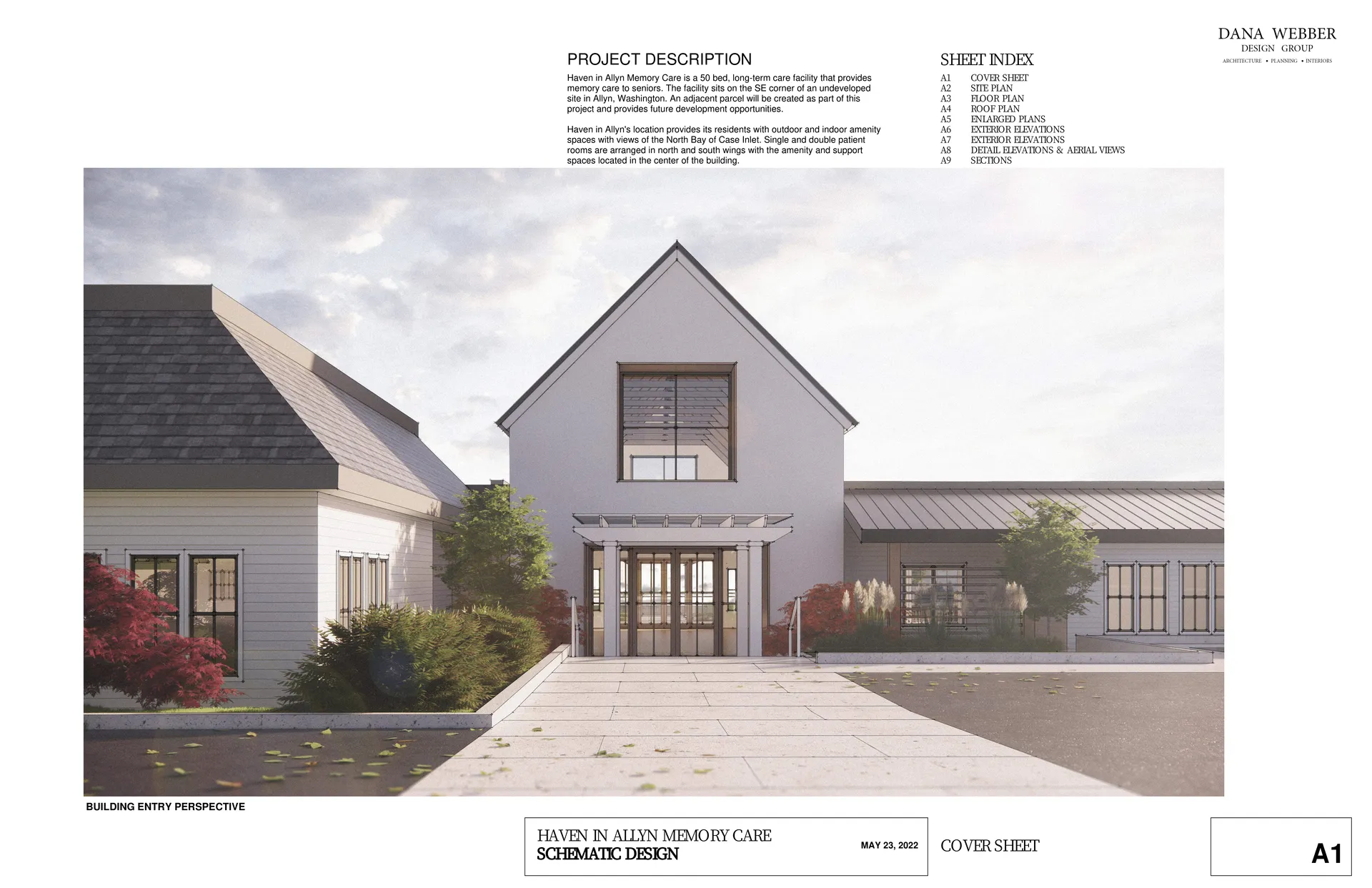 A colored in blueprint of the new facility showing the front of the facility