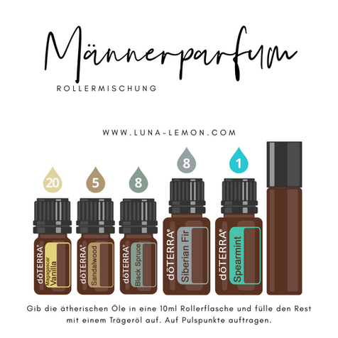 DIY Männerparfum mit doTERRA ätherischen Ölen: Warme Vanillenote trifft auf holzige Tiefe von Black Spruce, Sandalwood und Siberian Fir, abgerundet durch die frische Leichtigkeit von Spearmint. Maskuliner, natürlicher Duft zum Selbstmischen – elegant, erdend und belebend zugleich. doTERRA Deutschland, Österreich, Schweiz – doTERRA Berater finden – doTERRA Öle kaufen.