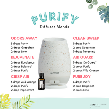 Discover the perfect aromatic ambiance with our curated Purify Diffuser Blends graphic. Combine doTERRA's Purify with other essential oils for an elevated sensory experience that refreshes and revitalizes your space."