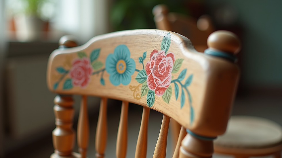 Close-up view of a hand-painted wooden chair with floral design