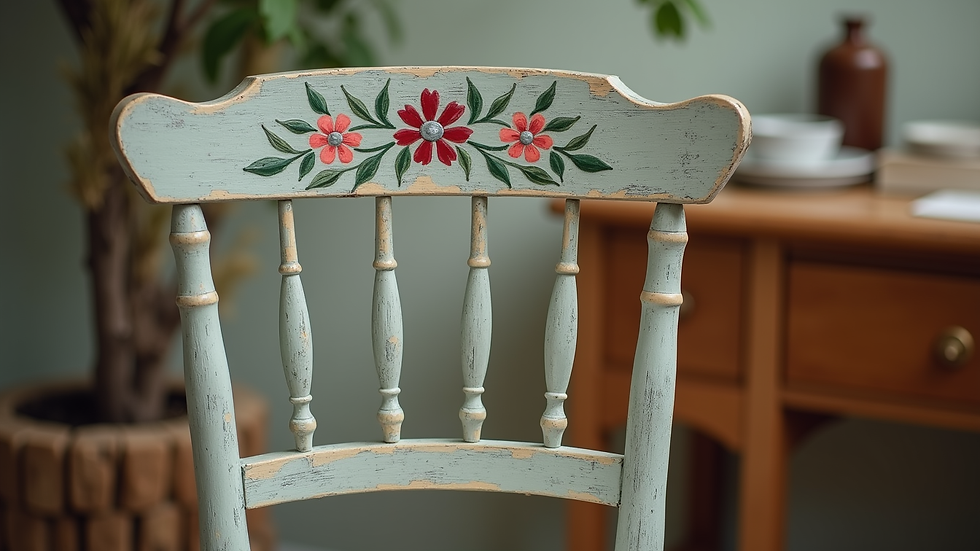 Close-up view of a hand-painted wooden chair with floral design
