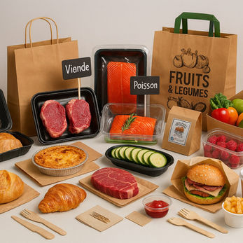 Image présentant divers emballages alimentaires en kraft et plastique pour la viande, le poisson, les fruits, les légumes, la boulangerie et la restauration rapide.