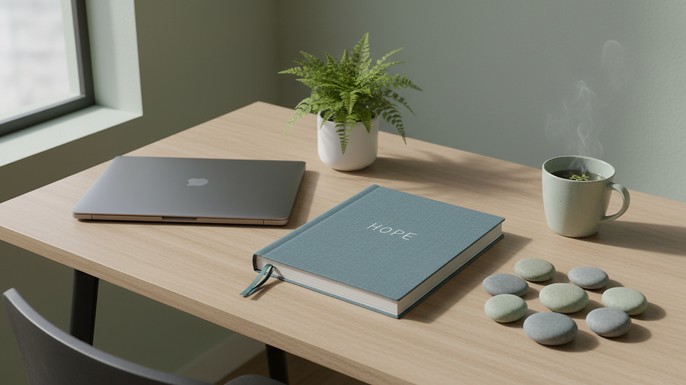 High angle view of a calm home office setup with a plant and notebook