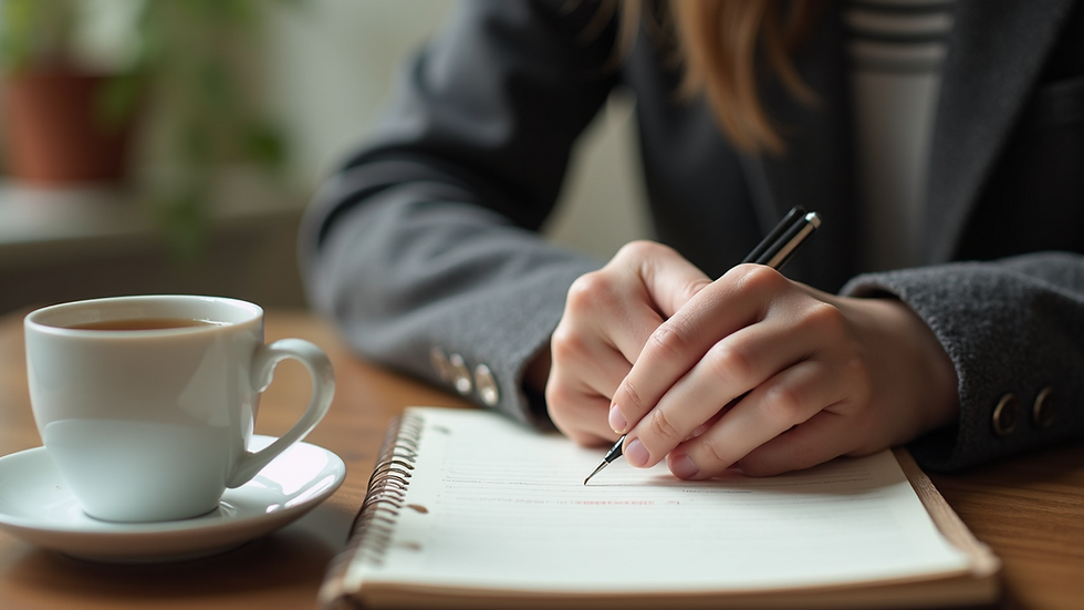 Close-up view of a person writing in a journal with a cup of tea nearby