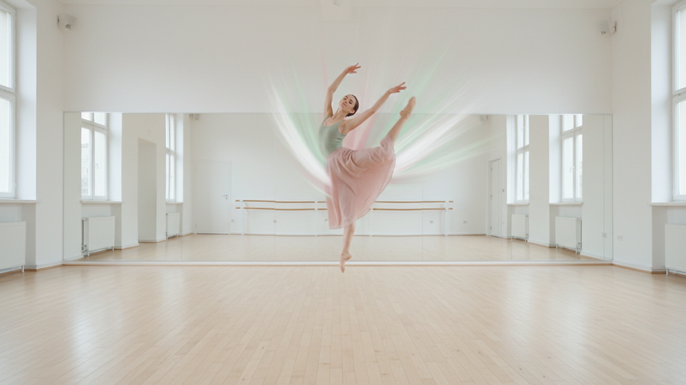 Eye-level view of a bright dance studio with wooden floors and mirrors