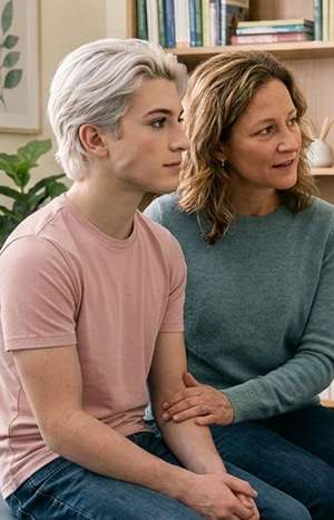 Menino LGBT e sua mãe no consultório da hebiatra