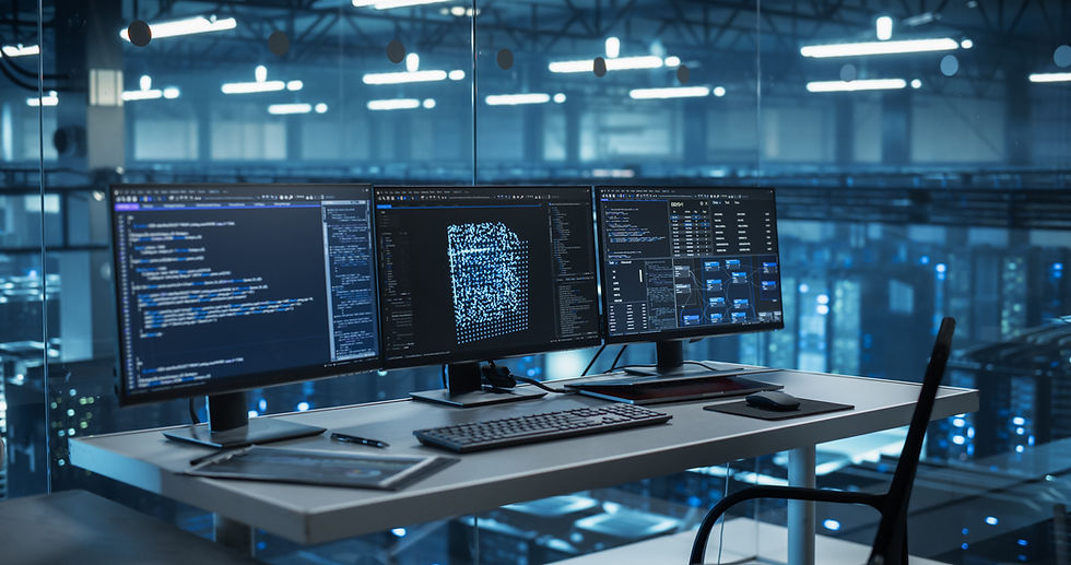 Modern Office Desk in a Data Center, Equipped with Multiple Monitors Displaying Complex AI