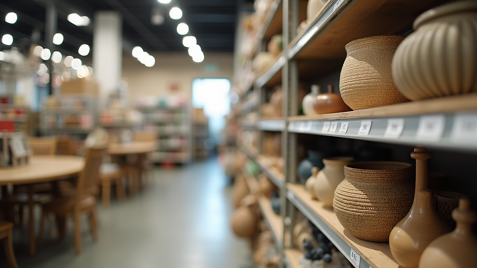 Eye-level view of a consignment store shelf with neatly arranged home decor items