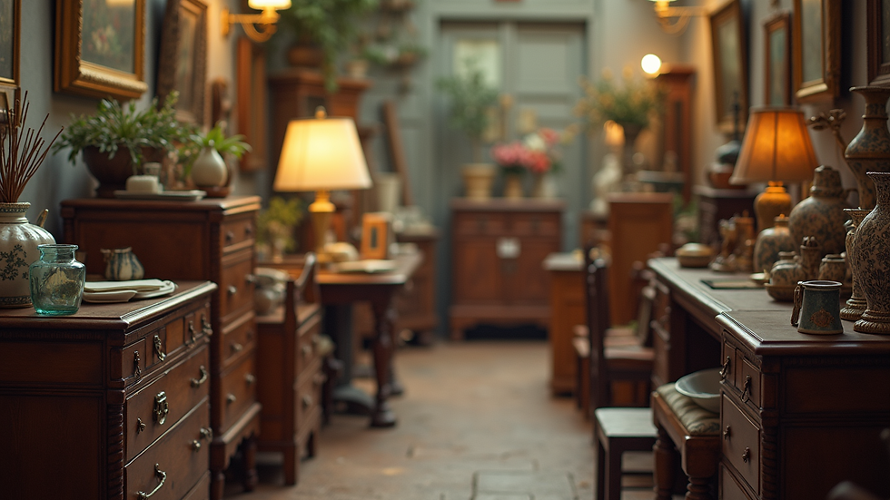 Close-up view of vintage furniture and collectibles at an estate sale
