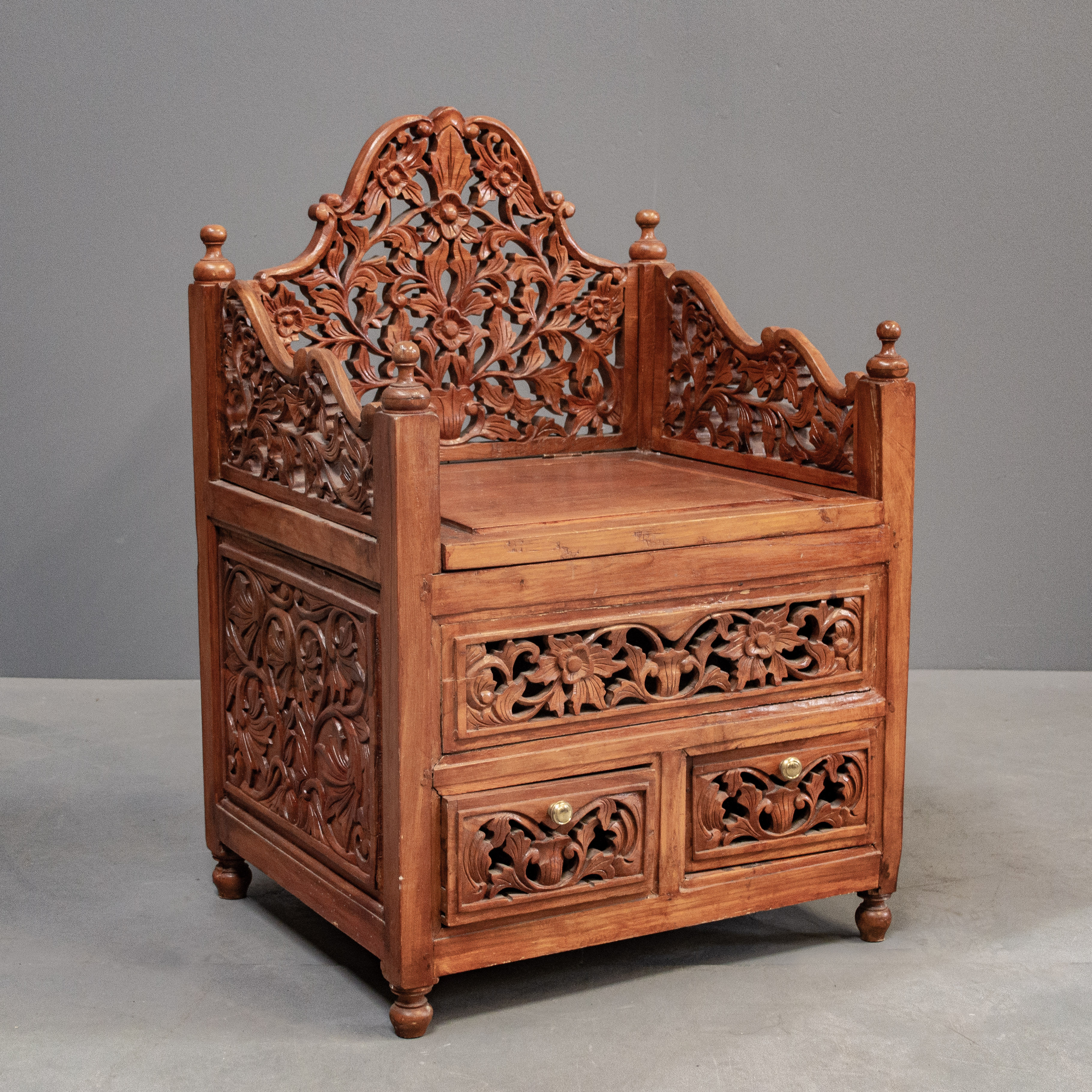 Vintage Hand Carved Wooden Chair w/ Storage