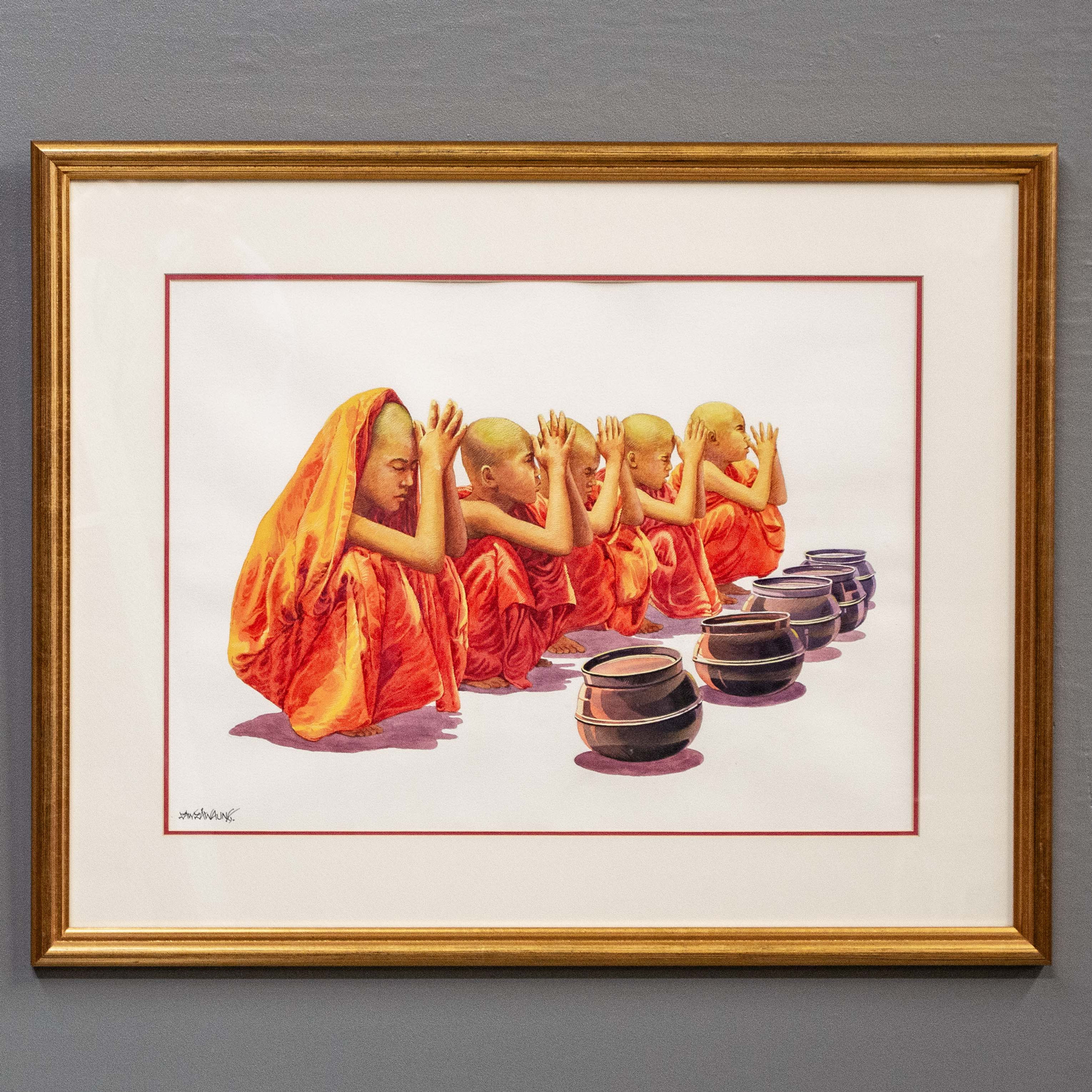 Original Gilt Framed Watercolor Painting of Monks