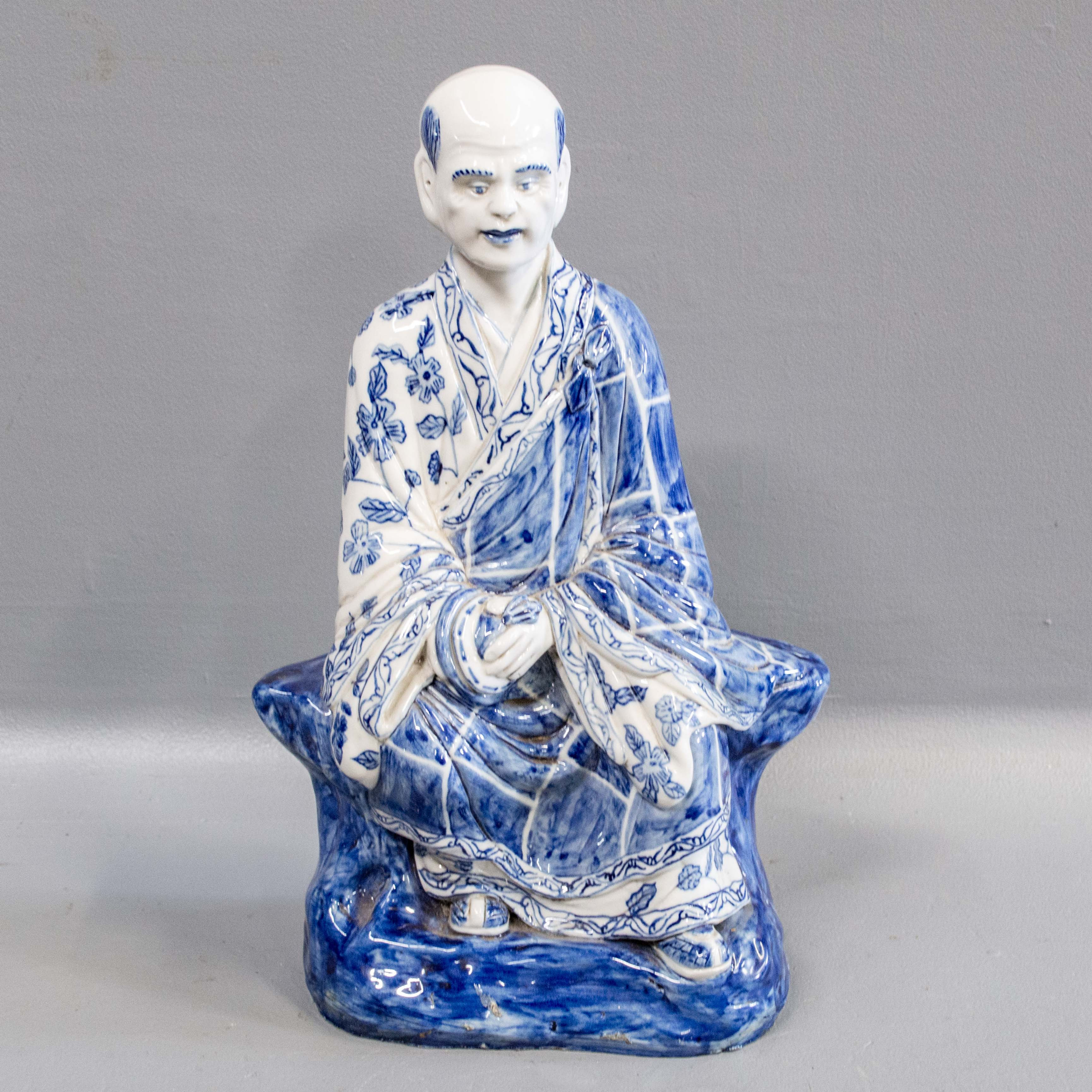Vintage Chinese Blue & White Porcelain Lohan Figurine