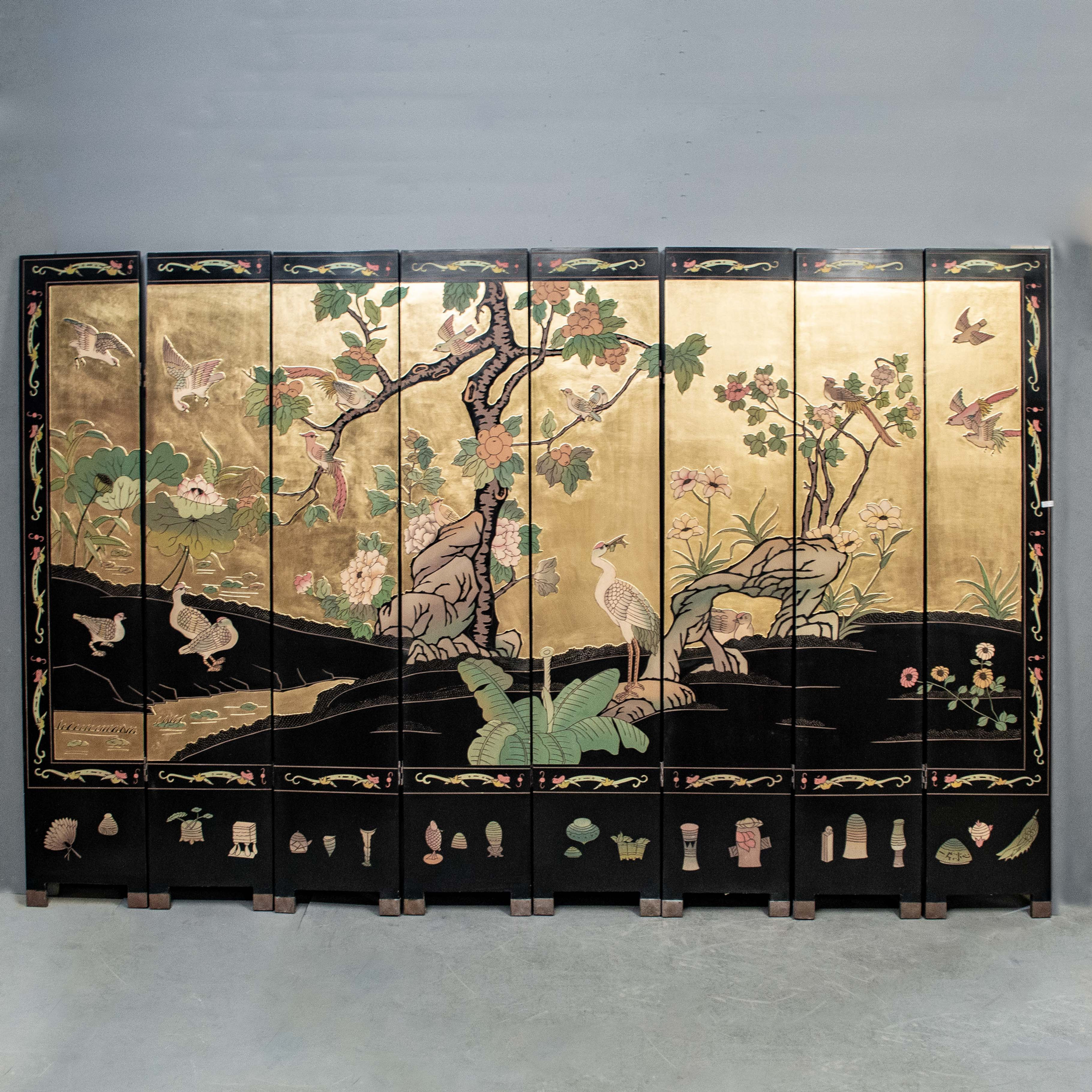 Large 8 Panel Black & Gold Floral Motif Screen
