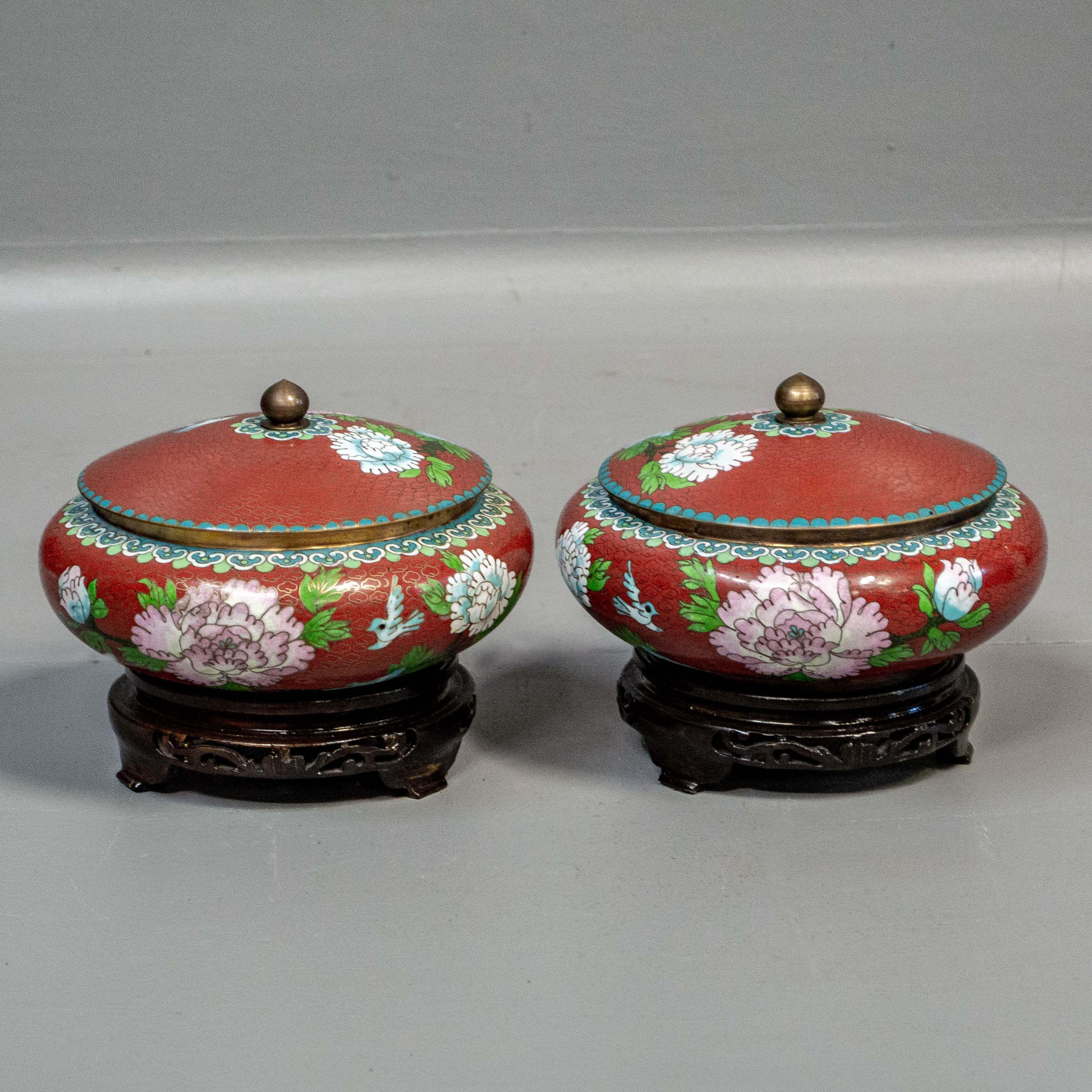 Pair of Chinese Lidded Cloisonné Bowls w/ Stands