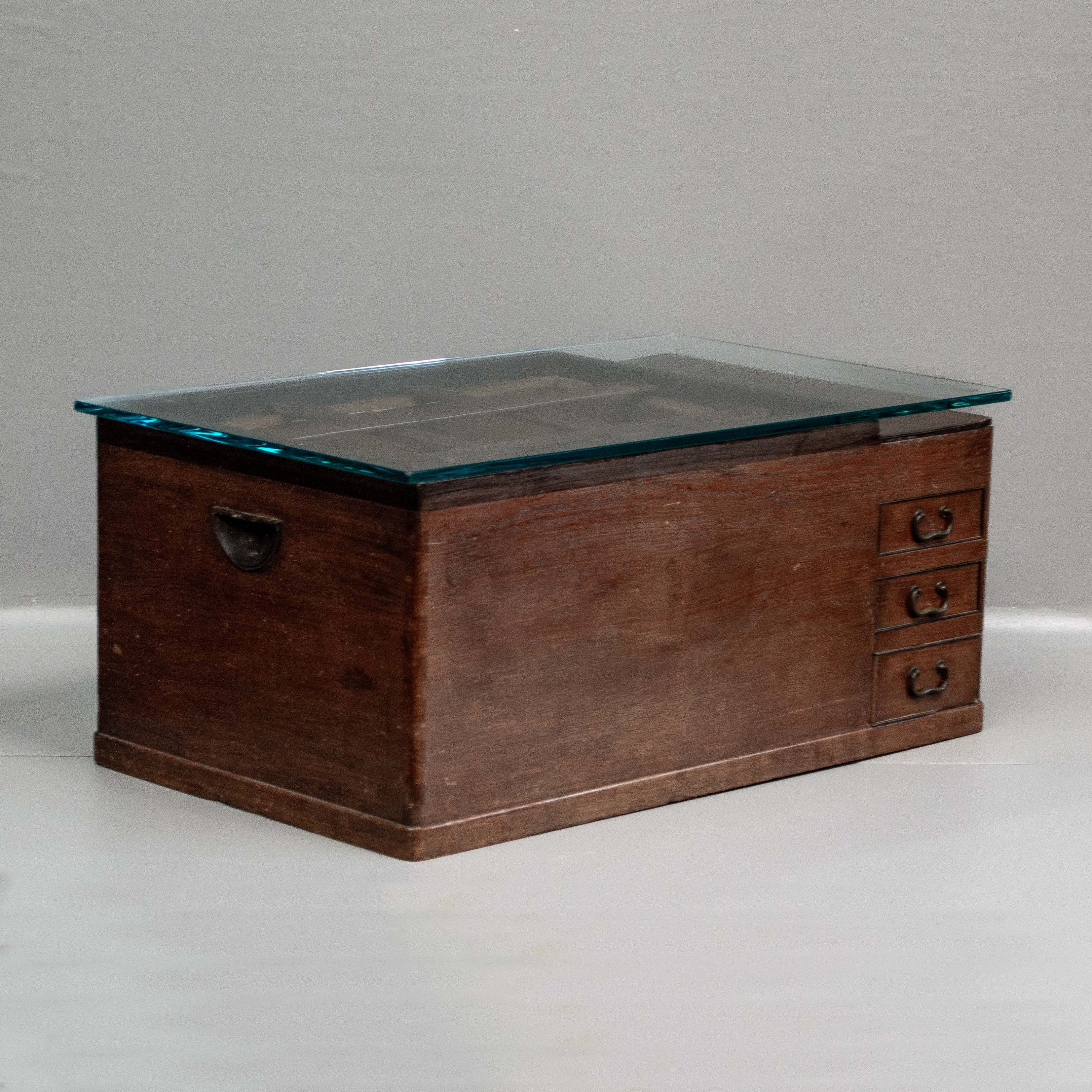 Antique Japanese Copper Lined Hibachi w/ Glass Top