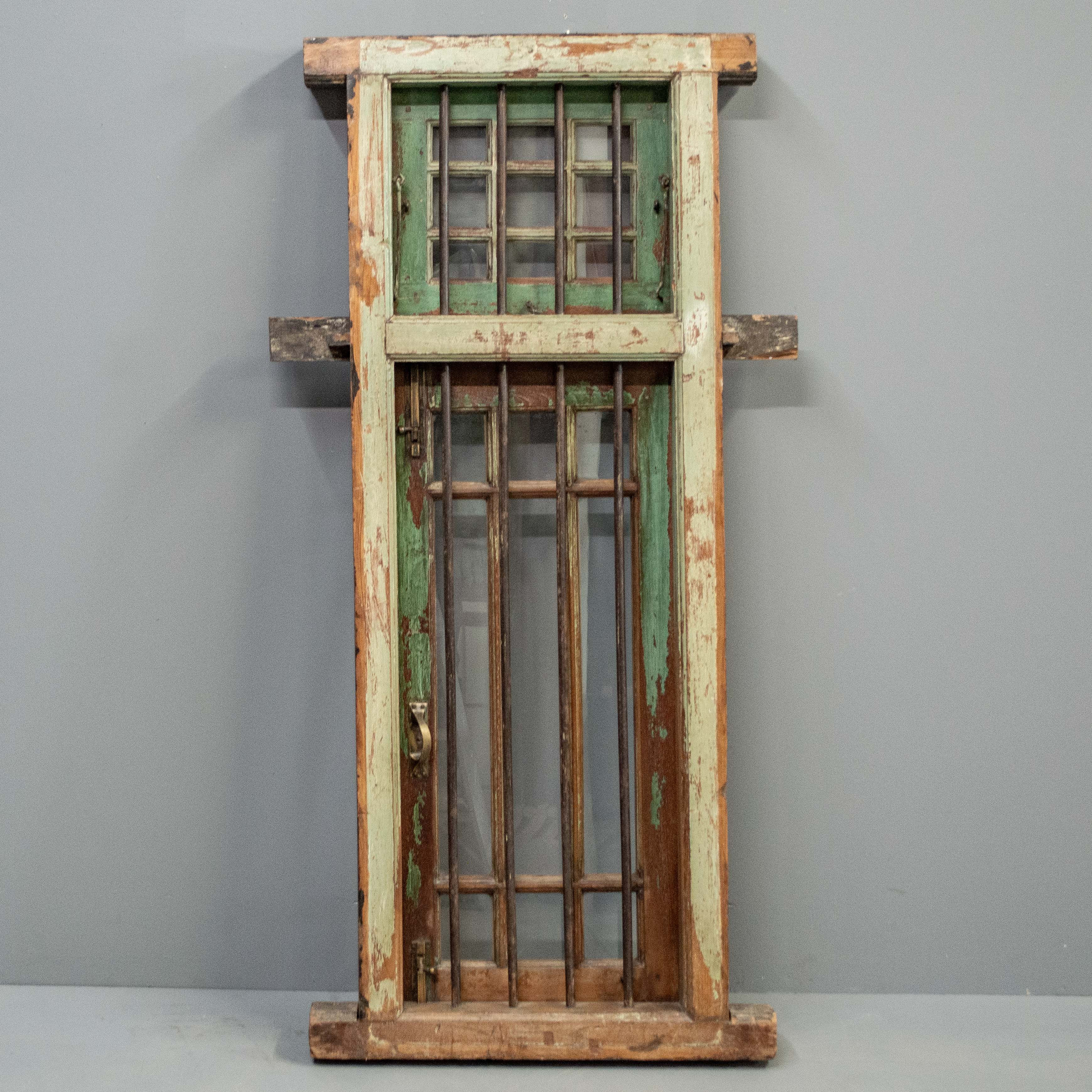 Antique Indian Teak Framed Glass Panel Security Window