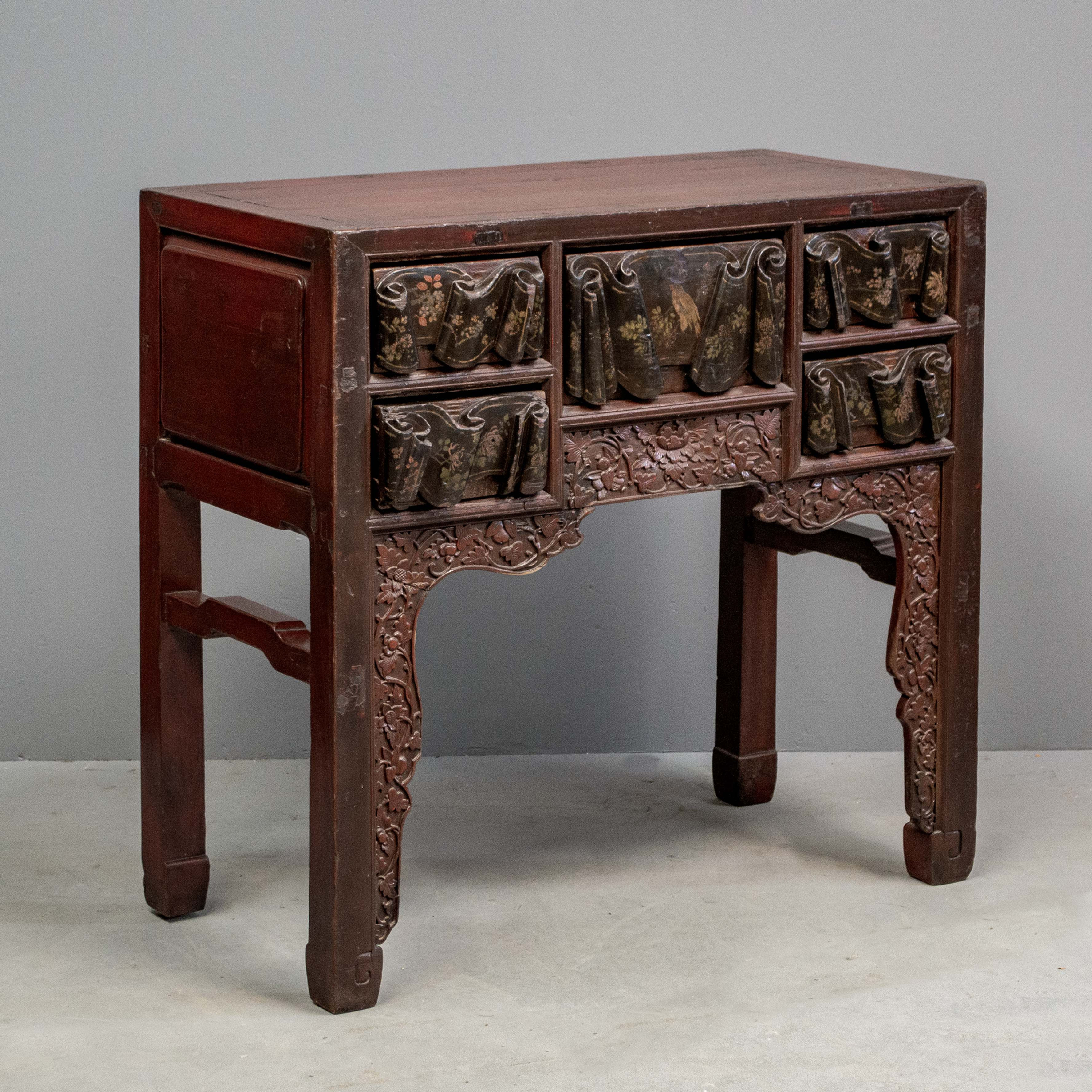Antique Chinese Lacquer Side Table with Birds and Flowers