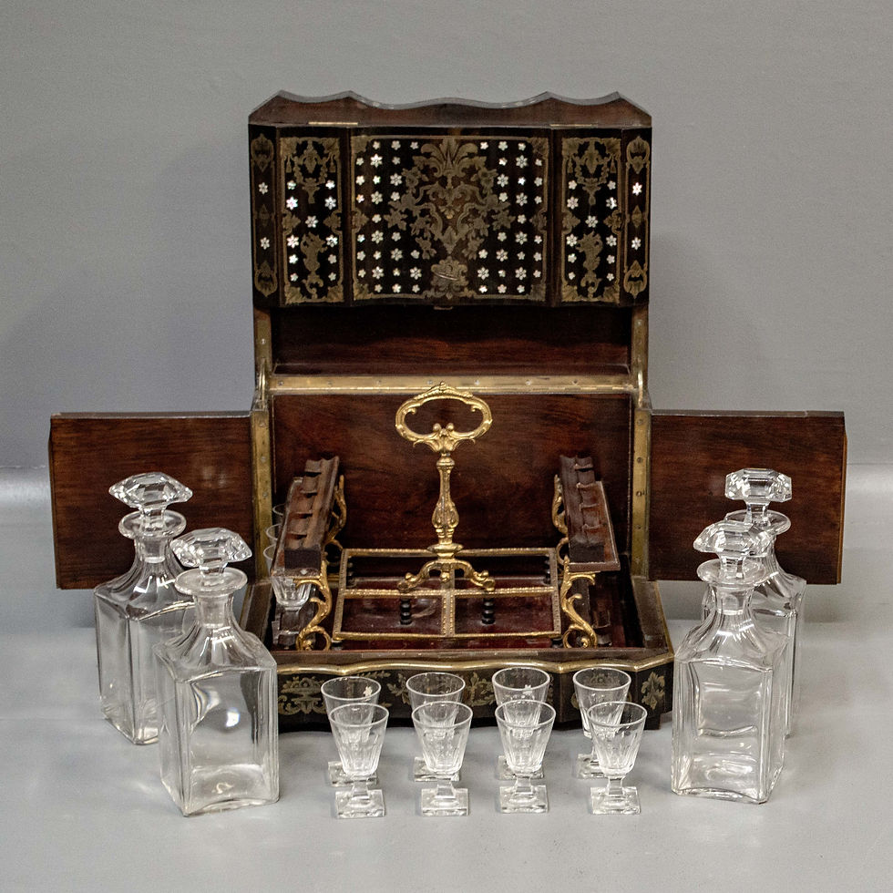 Thumbnail: Antique French Mother of Pearl & Brass Inlay Liquor Set