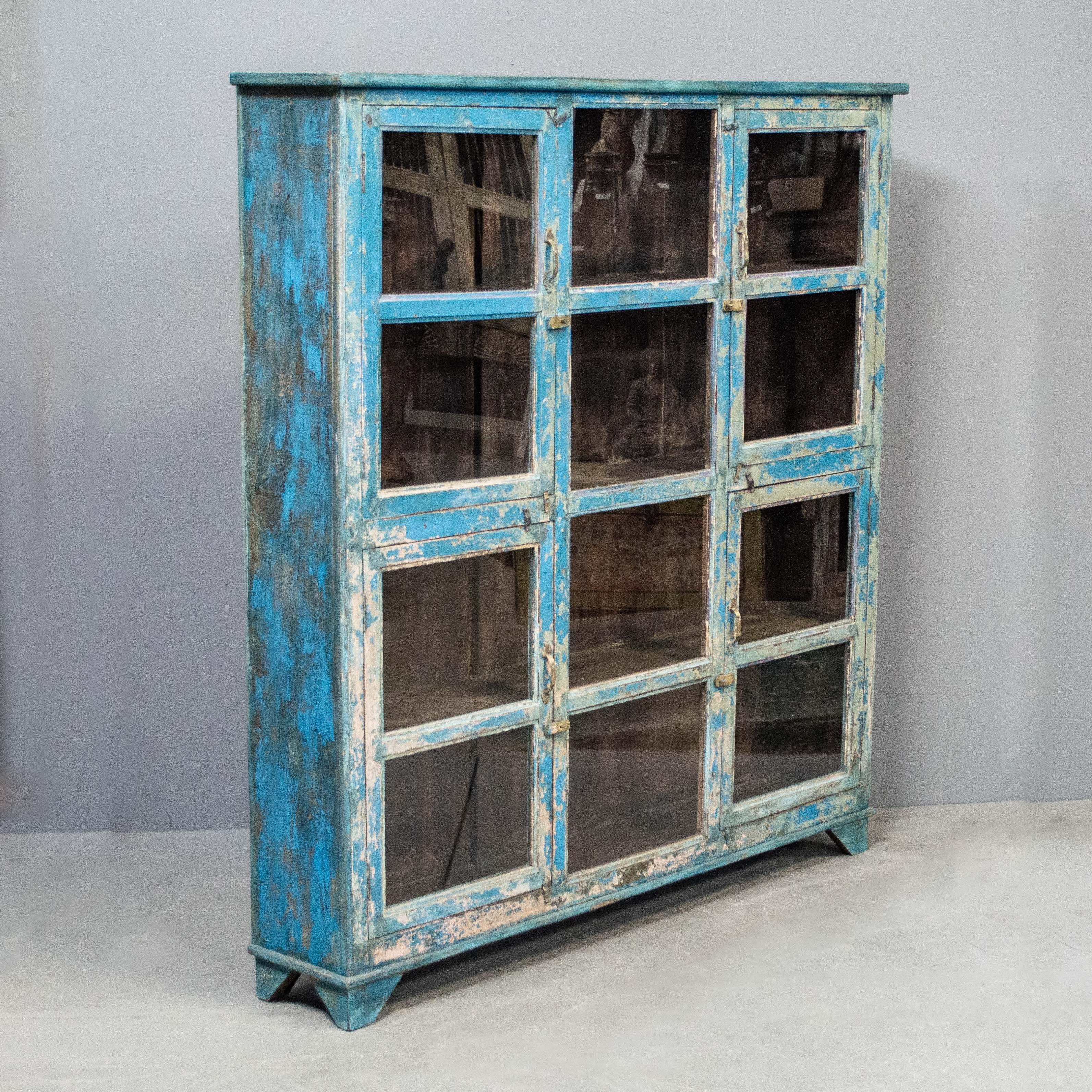 Vintage 4 Door Glass Front Distressed Blue Cabinet