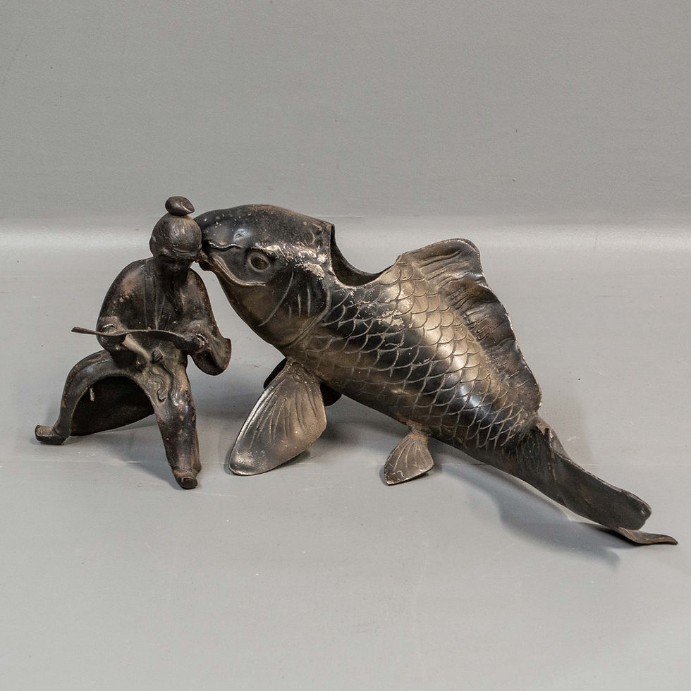 Thumbnail: Large Japanese 2 pc Cast Iron Scholar & Koi Fish Sculpture