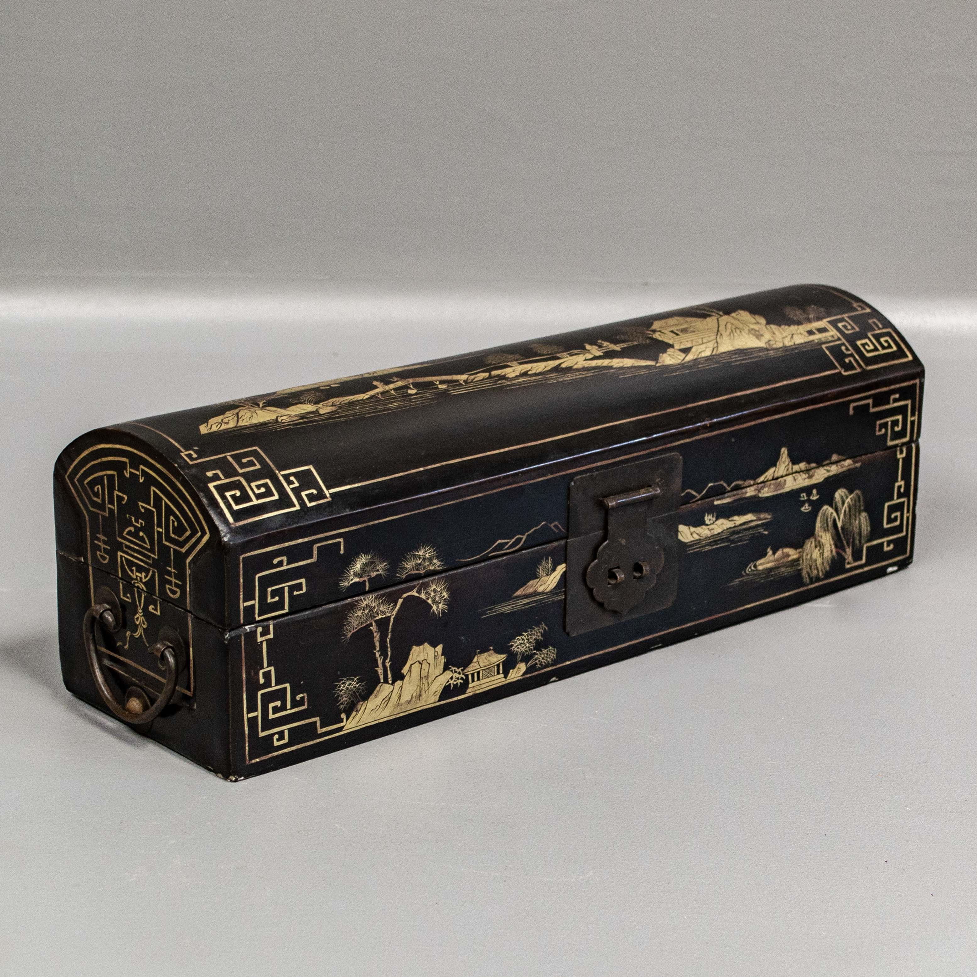 Chinese Black Lacquered Dome Top Landscape Box