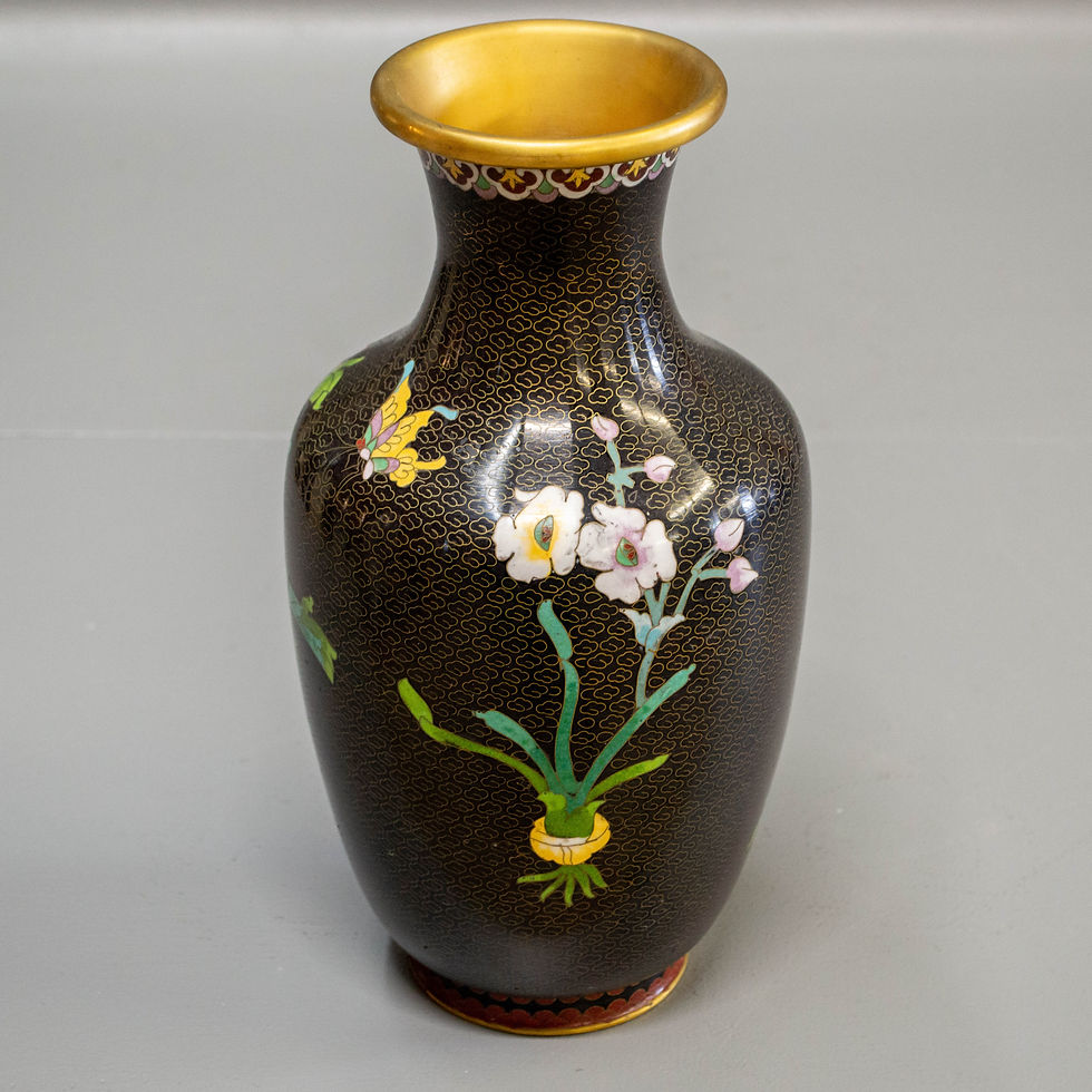 Thumbnail: Large Black & Gold Floral Cloisonné Vase