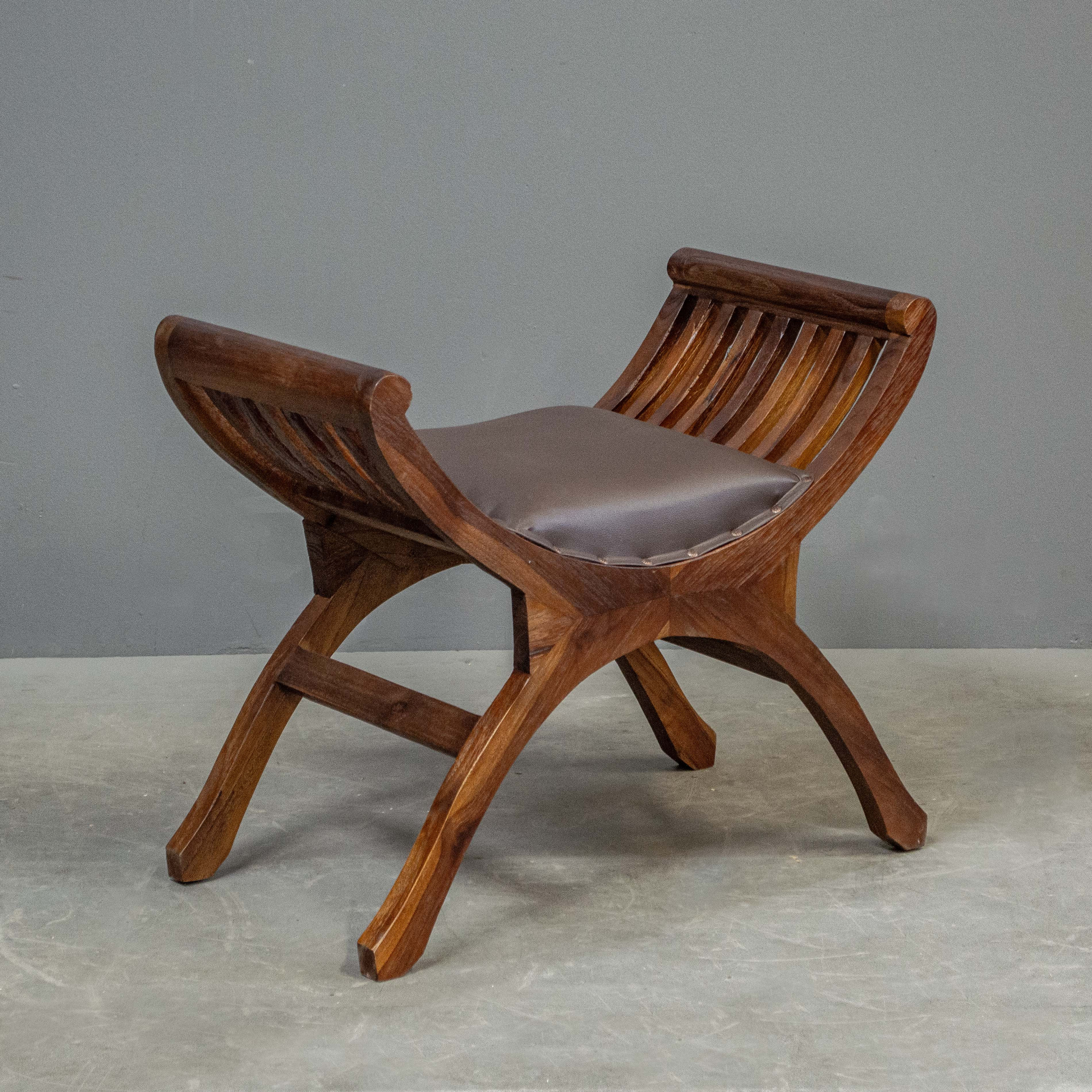 Faux Leather & Teak Slatted Stool