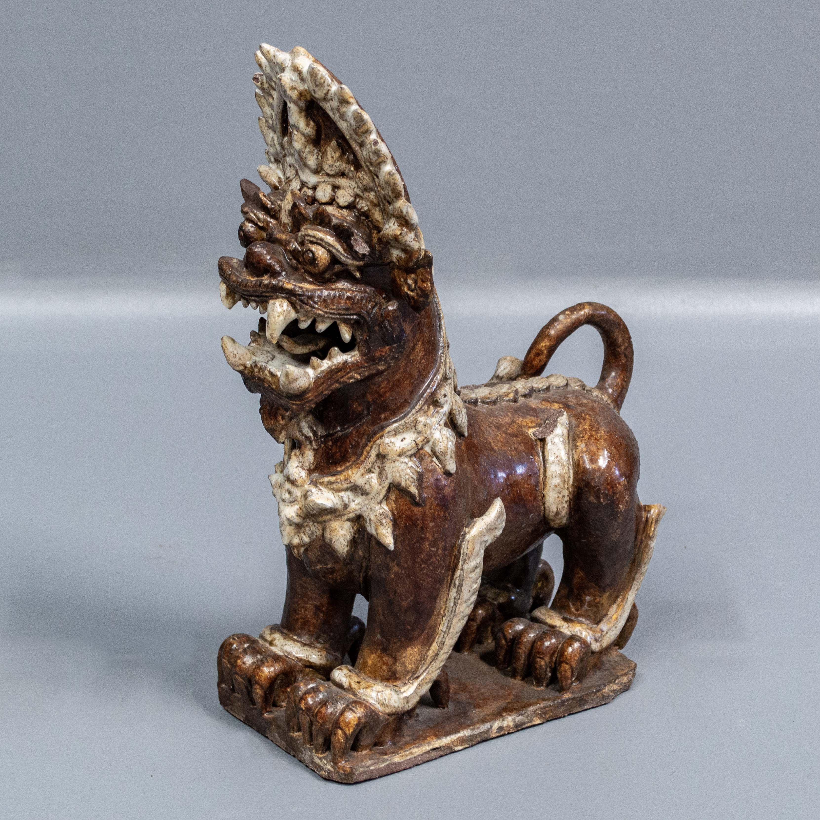 Vintage Thai Glazed Terracotta Guardian Lion – One of a Pair