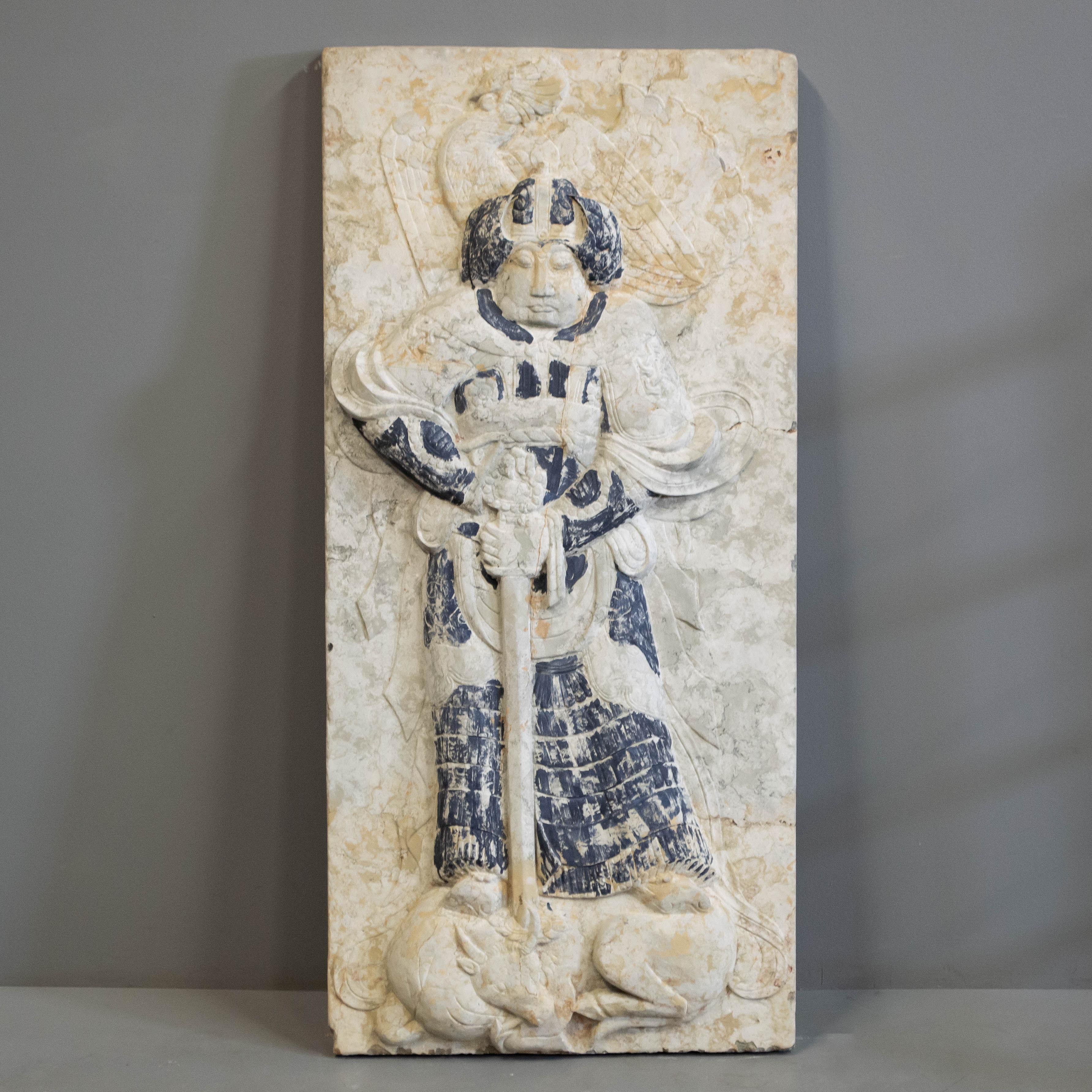 Carved Chinese Stone Guardian Figure Panel