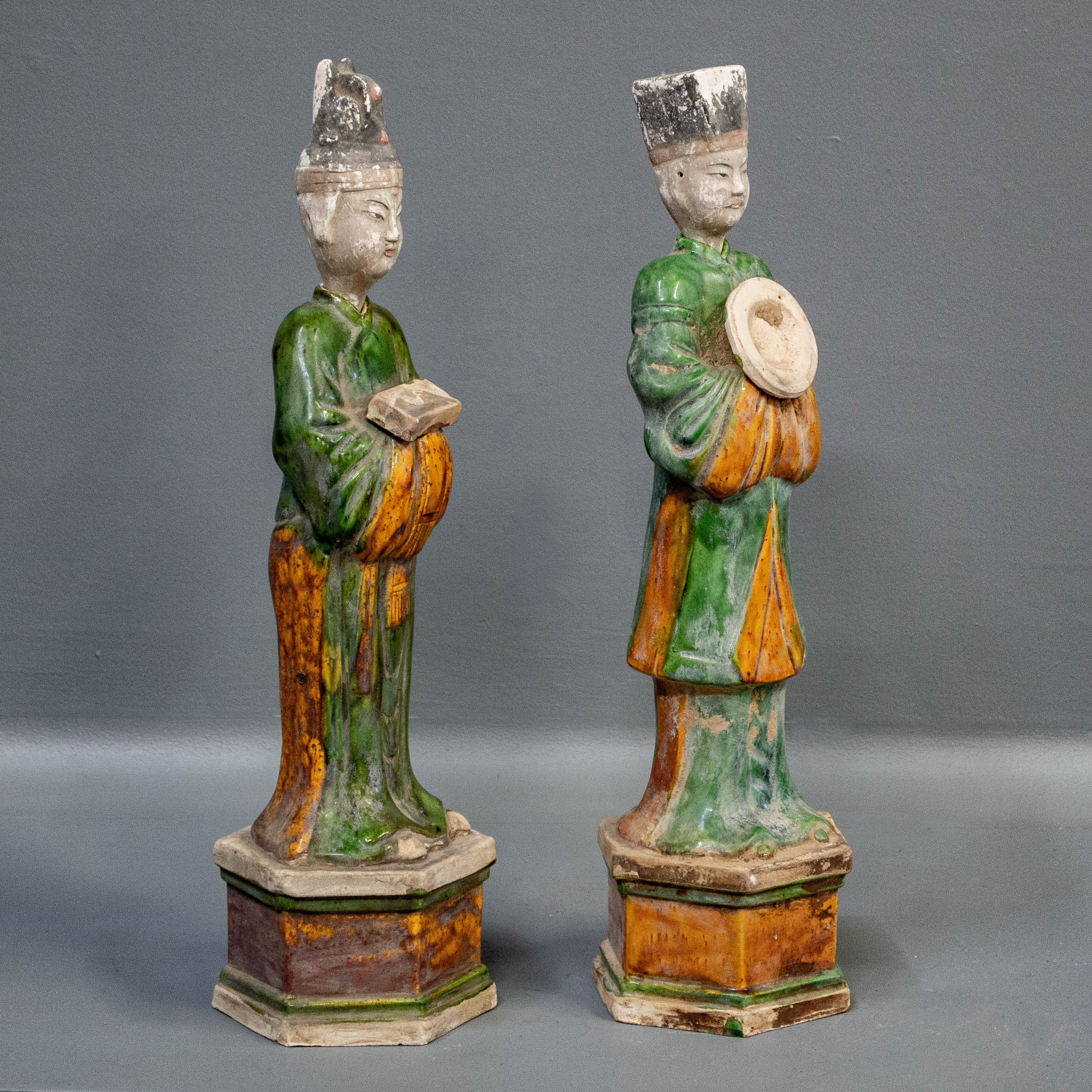 Pair of Green & Orange Chinese Figures