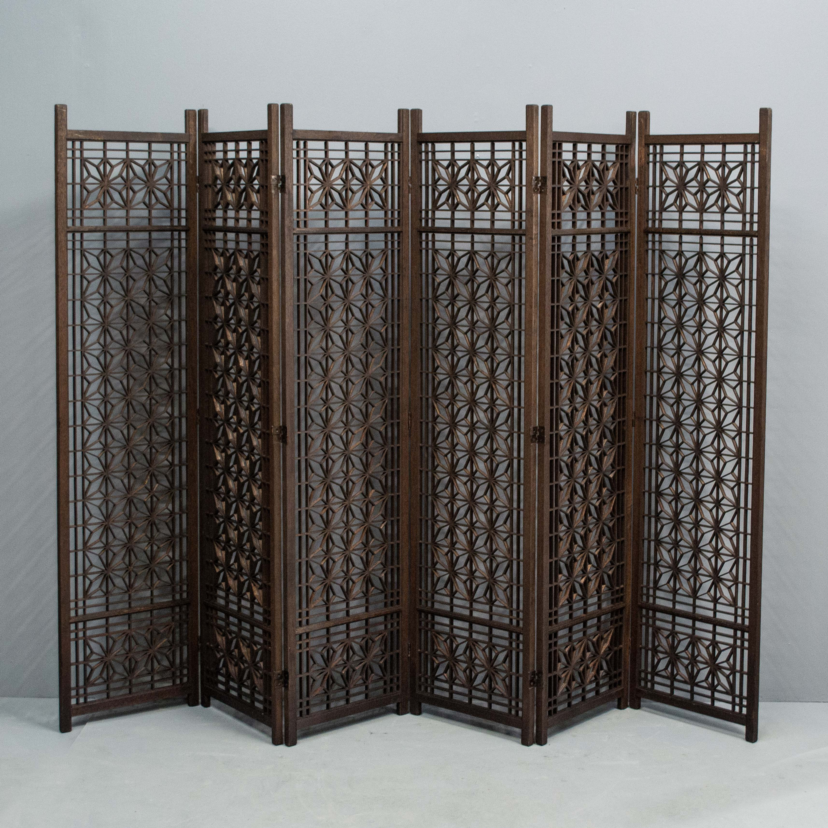 Vintage 6 Panel Japanese Lattice Folding Screen