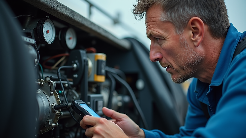 Close-up view of a marine surveyor checking boat engine components