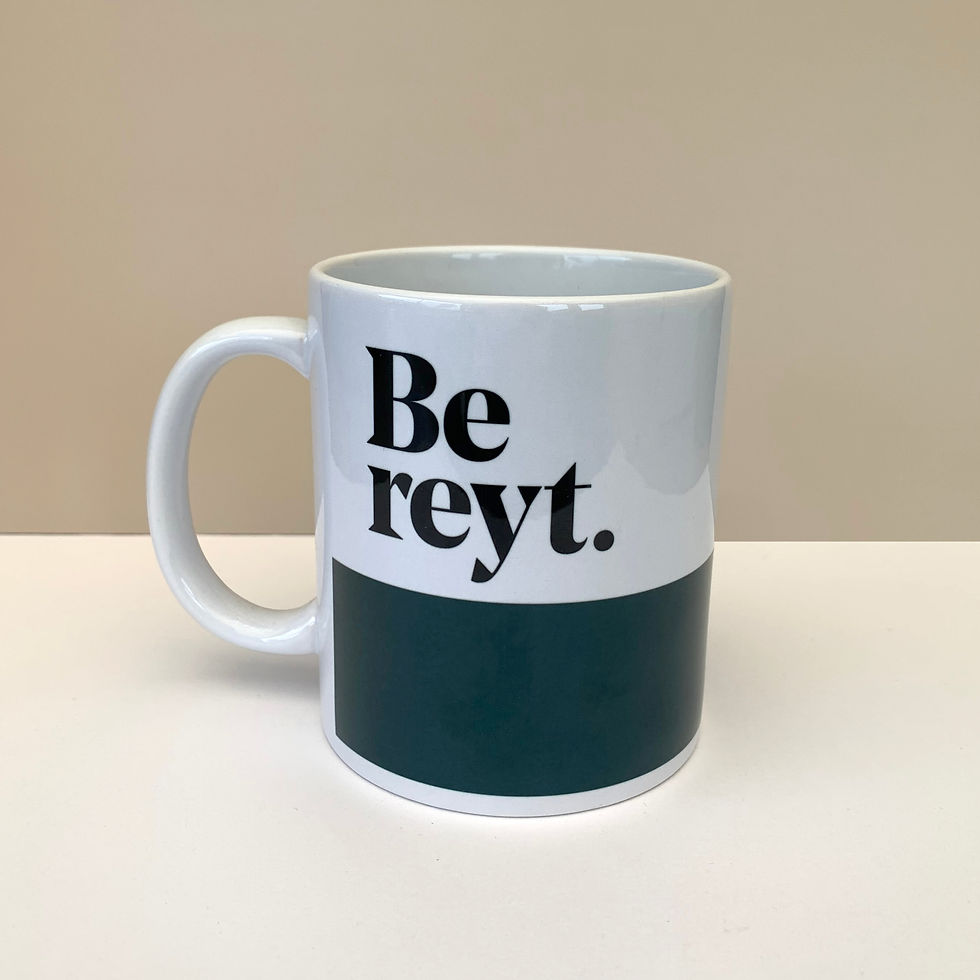 Thumbnail: White and green mug with the Yorkshire saying Be reyt