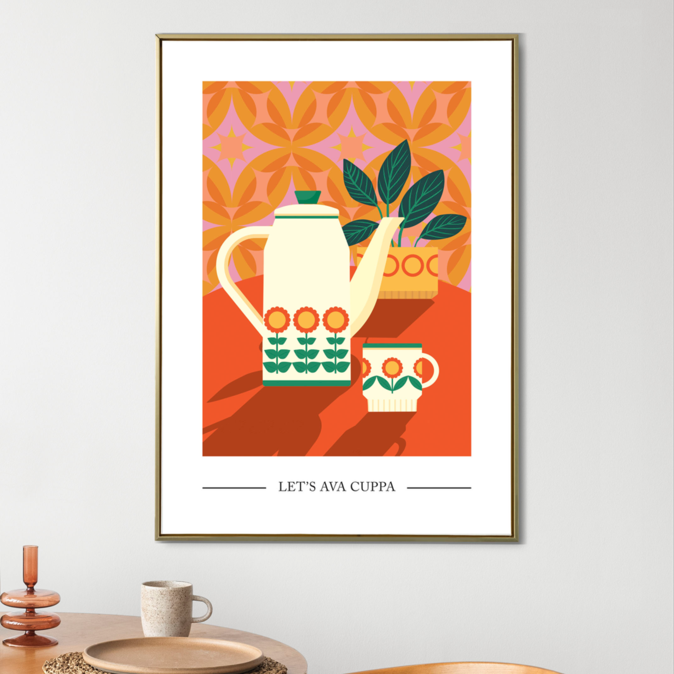 Illustration of a teapot, teacup, and plant with 'LET'S HAV A CUPPA'